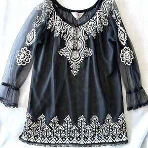 Roja Women's L‎ Large Tunic Embroidered Sheer Western Boho Folkwear HandStitched